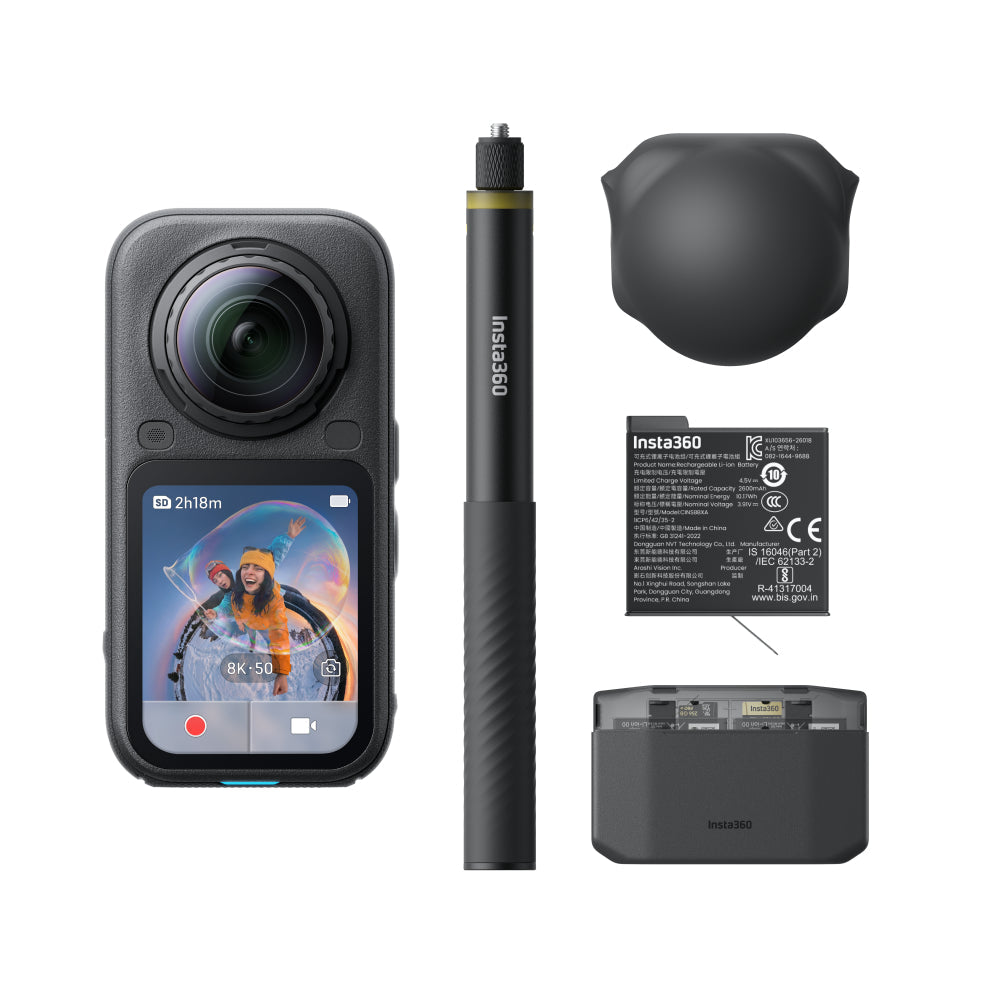 INSTA360 X6 360 Camera Essentials Bundle| 8K Camera + 2x Extreme Batteries + 114cm Invisible Sefie Stick + Lens Cap + Fast Charge Case + Pouch + USB-C Cable + Exteneded Warranty - Black