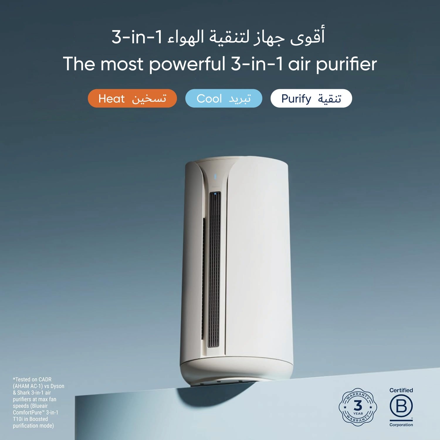 جهاز تنقية الهواء BLUEAIR ComfortPure الأقوى 3 في 1: تبريد، تدفئة، تنقية - منظف HEPASilent للمنزل، الحيوانات الأليفة، الحساسية، الغبار، الدخان، الروائح - يغطي 840 قدم مربع في 60 دقيقة - راحة طوال العام