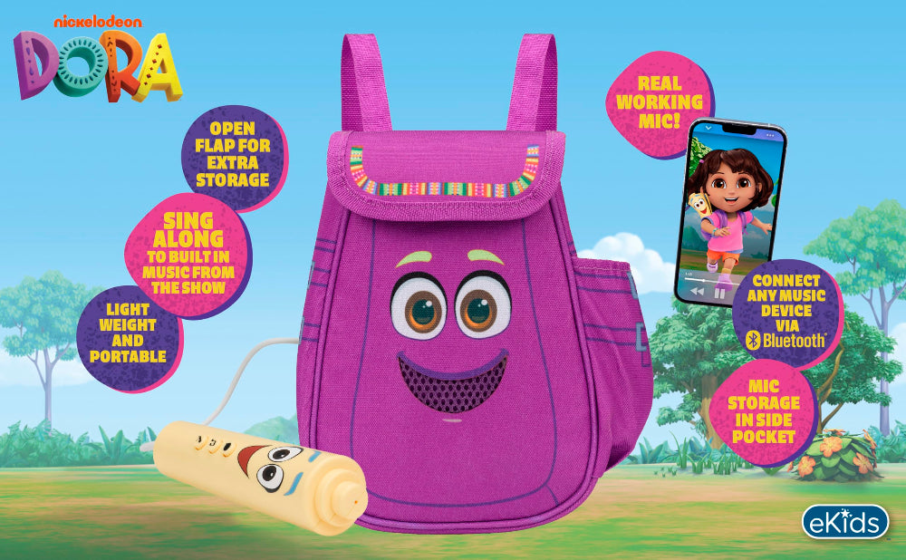 ekids Kiddesign Dora Bluetooth Sing Along Boombox Speaker Backpack with Microphone and Built-in Music, Kids Karaoke Machine for Fans of Dora The Explorer Toys for Girls