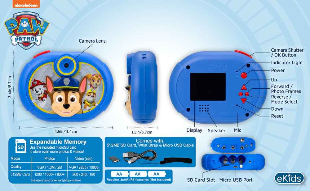 ekids Kiddesign Digital Camera for Kids Paw Patrol, Kids Camera 2" Screen, Easy to Use Lightweight, 512MB SD Card and Strap included, Nickelodeon Paw Patrol Toys for Boys and Girls