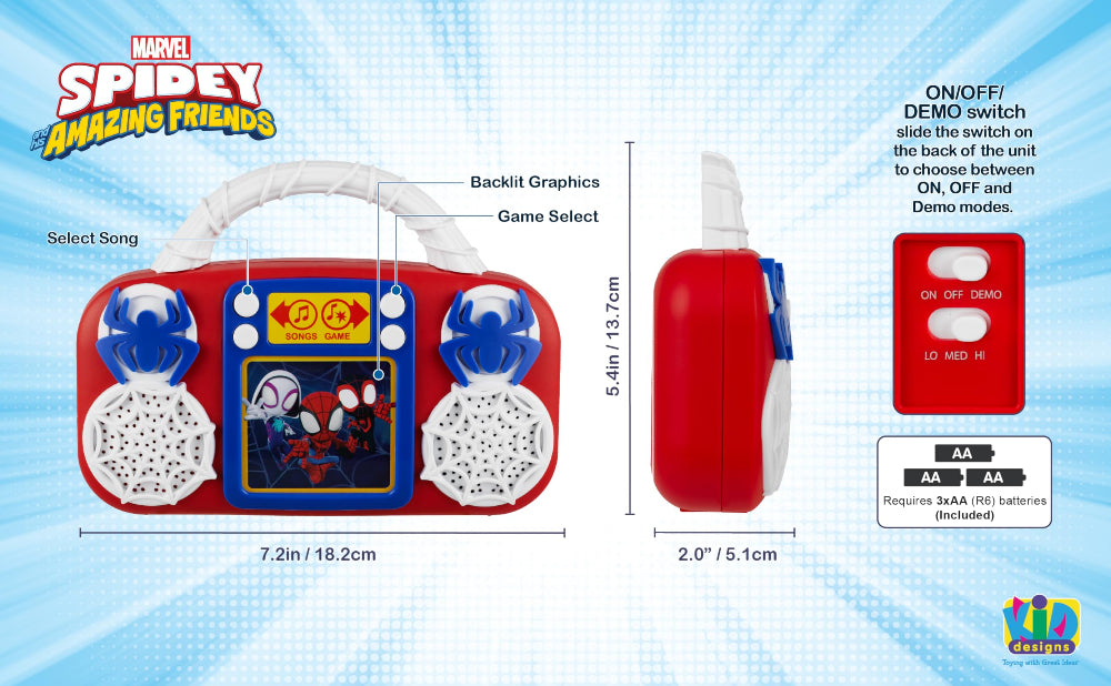 ekids Kiddesign Spiderman Sing Along Mini Music Player with Speaker Built-in Music,Kids Freeze-Dance Machine for Fans of Amazing Spiderman and Friends Toys for Boys and Girls