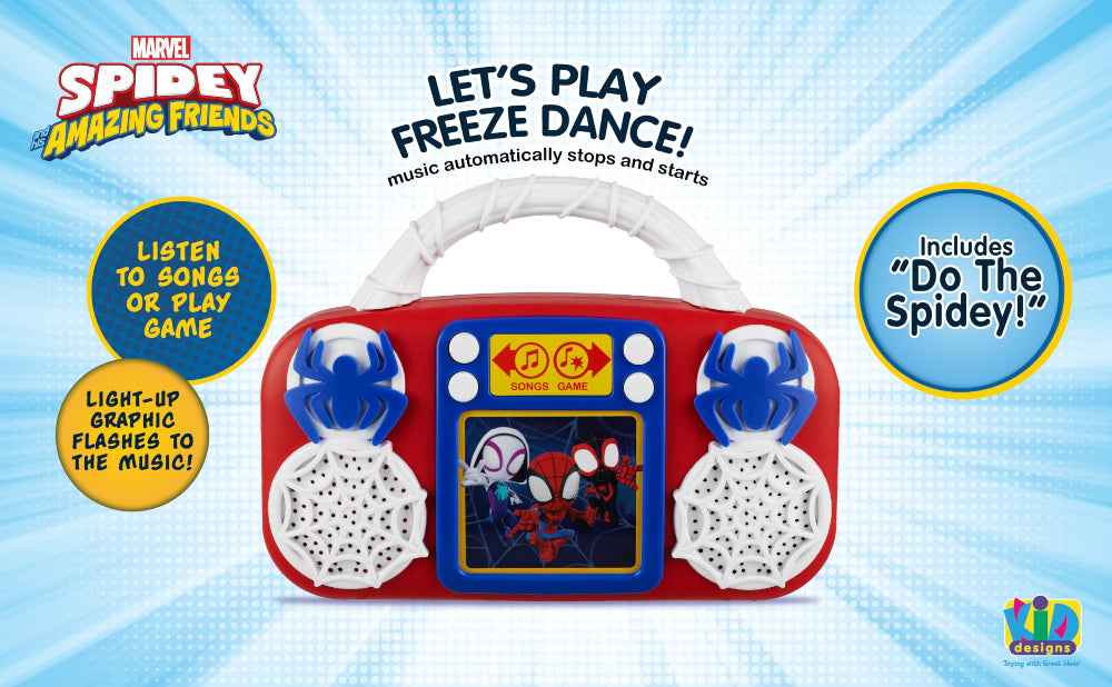 ekids Kiddesign Spiderman Sing Along Mini Music Player with Speaker Built-in Music,Kids Freeze-Dance Machine for Fans of Amazing Spiderman and Friends Toys for Boys and Girls