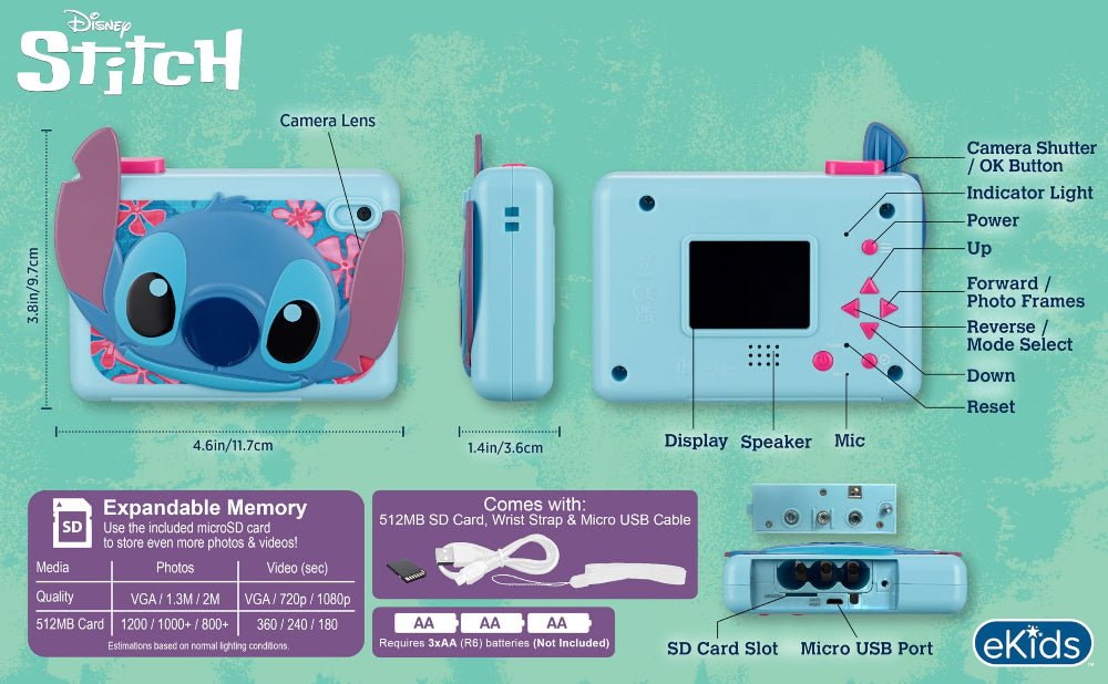 ekids Kiddesign Digital Camera for Kids Lilo & Stitch, Kids Camera 2" Screen, Easy to Use Lightweight, 512MB SD Card and Strap included, Lilo and Stitch Toys for Boys and Girls