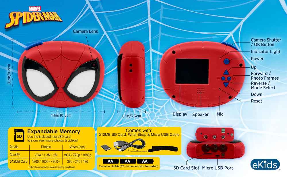 ekids Kiddesign Digital Camera for Kids Spiderman, Kids Camera 2" Screen, Easy to Use Lightweight, 512MB SD Card and Strap included, Spiderman Toys for Boys and Girls
