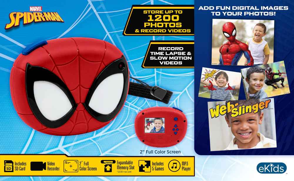 ekids Kiddesign Digital Camera for Kids Spiderman, Kids Camera 2" Screen, Easy to Use Lightweight, 512MB SD Card and Strap included, Spiderman Toys for Boys and Girls