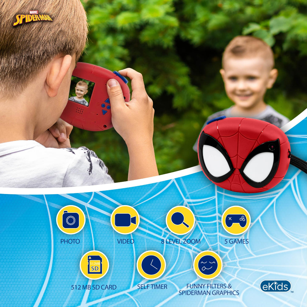 ekids Kiddesign Digital Camera for Kids Spiderman, Kids Camera 2" Screen, Easy to Use Lightweight, 512MB SD Card and Strap included, Spiderman Toys for Boys and Girls