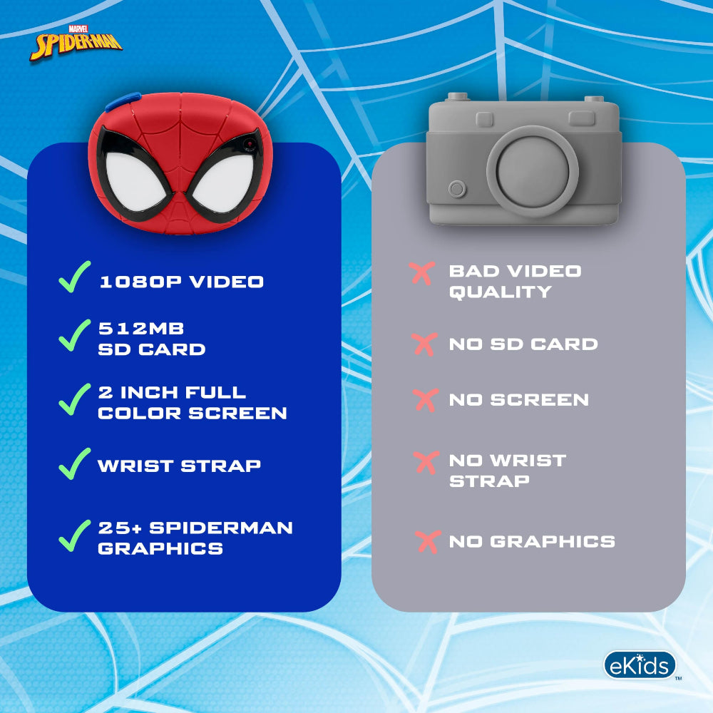 ekids Kiddesign Digital Camera for Kids Spiderman, Kids Camera 2" Screen, Easy to Use Lightweight, 512MB SD Card and Strap included, Spiderman Toys for Boys and Girls