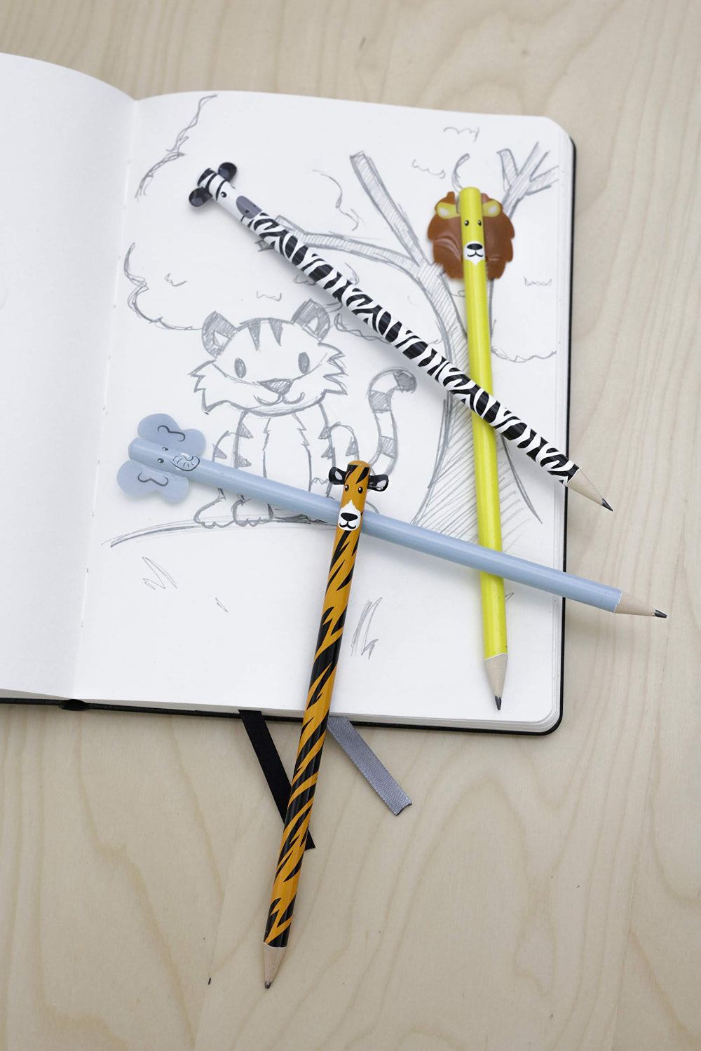 Kikkerland Safari Animal Pencils Set of 4| Creature-Topped Graphite Pencils for School, Office, Writing, Drawing and Gifts, Multicolor