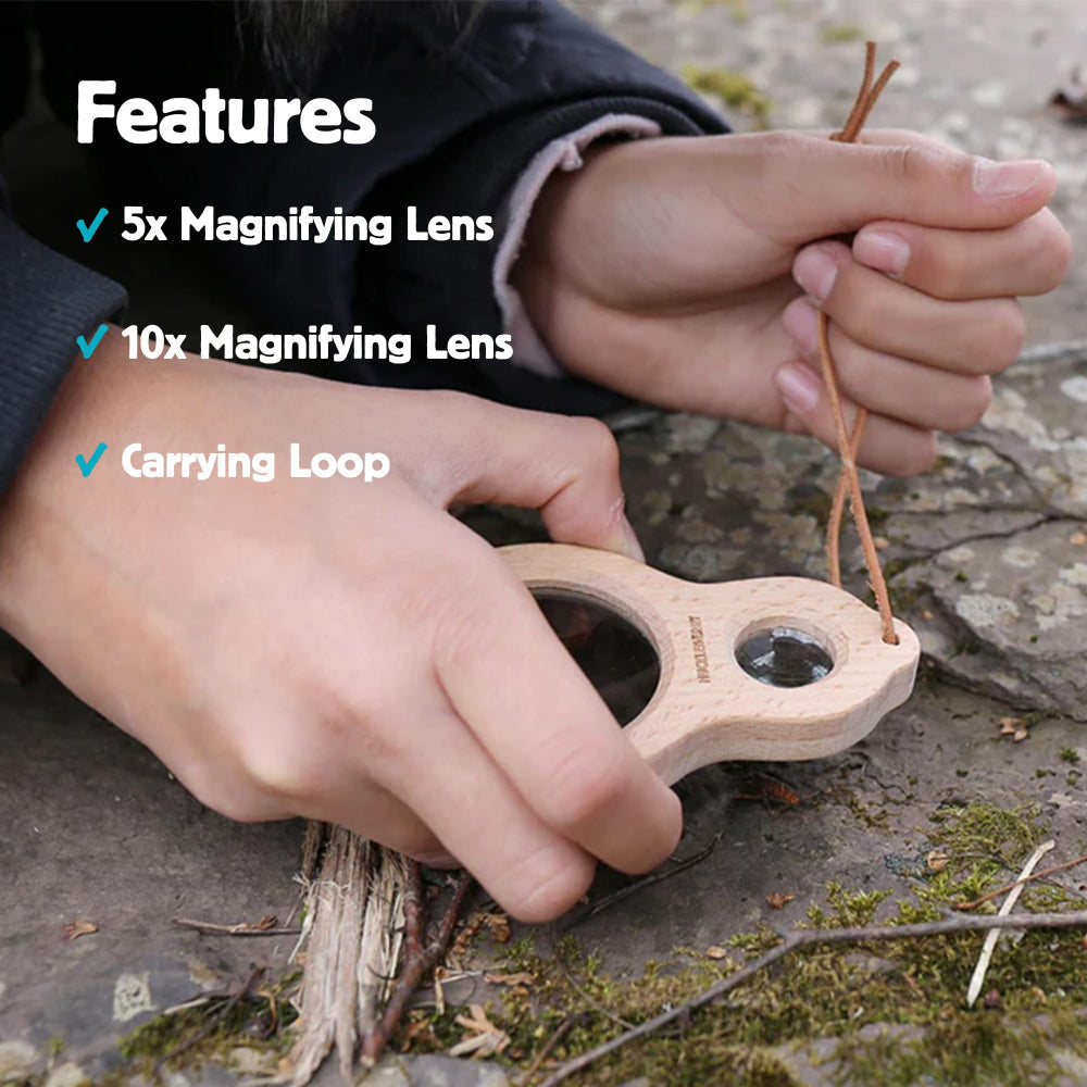 Kikkerland Huckleberry Dual Magnifier, 5X and 10X Shatterproof Magnifying Glass, Kids Outdoor Explorer Tool with Carrying Loop