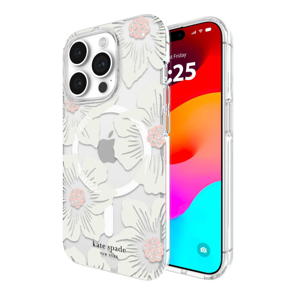 Kate Spade Clear Floral Case Compatible with iPhone 15 Pro 2023 6.1" - 10Ft Drop Protection Cover, Made from Recycled Materials, Magsafe Wireless Charging Compatible - Hollyhock Cream