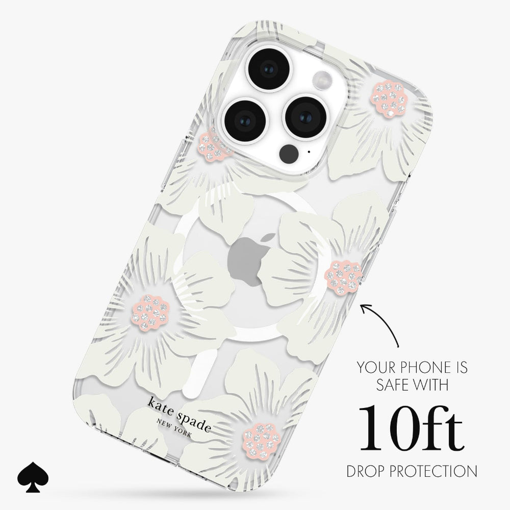 Kate Spade Clear Floral Case Compatible with iPhone 15 Pro 2023 6.1" - 10Ft Drop Protection Cover, Made from Recycled Materials, Magsafe Wireless Charging Compatible - Hollyhock Cream