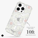 Kate Spade Clear Floral Case Compatible with iPhone 15 Pro 2023 6.1" - 10Ft Drop Protection Cover, Made from Recycled Materials, Magsafe Wireless Charging Compatible - Hollyhock Cream