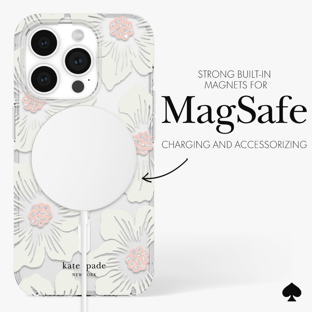Kate Spade Clear Floral Case Compatible with iPhone 15 Pro 2023 6.1" - 10Ft Drop Protection Cover, Made from Recycled Materials, Magsafe Wireless Charging Compatible - Hollyhock Cream