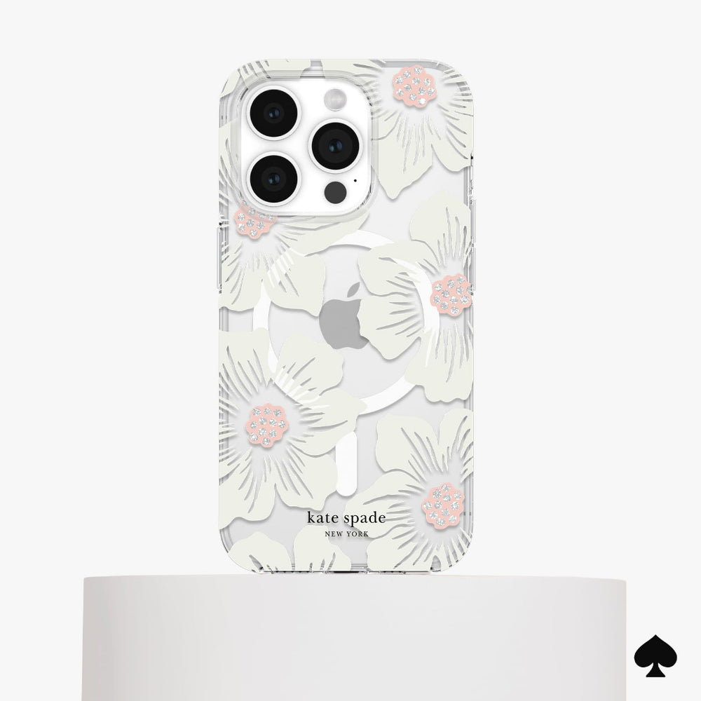 Kate Spade Clear Floral Case Compatible with iPhone 15 Pro 2023 6.1" - 10Ft Drop Protection Cover, Made from Recycled Materials, Magsafe Wireless Charging Compatible - Hollyhock Cream