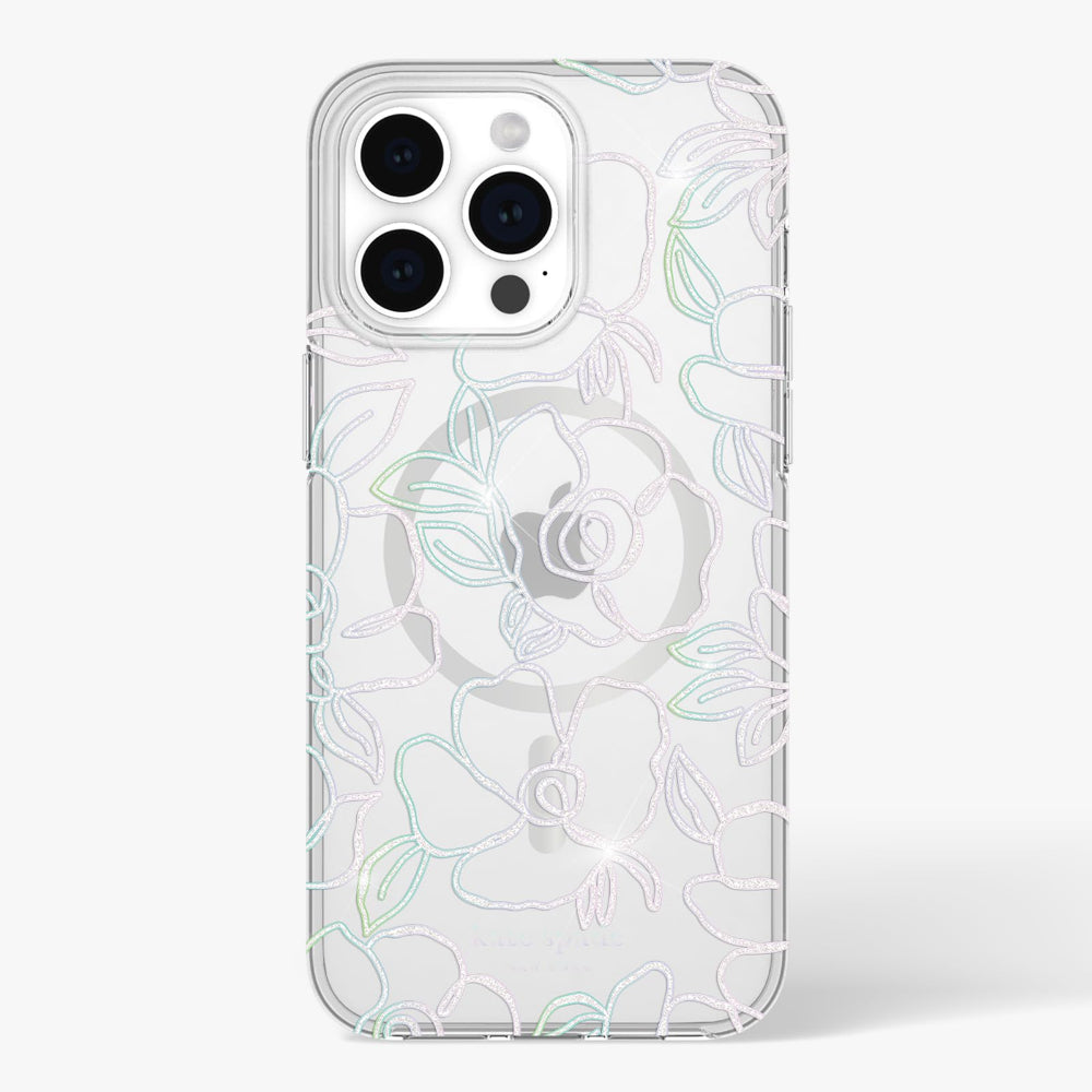 Kate Spade Clear Floral Case Compatible with iPhone 15 Pro Max 2023 6.7" - 10Ft Drop Protection Cover, Made from Recycled Materials, Magsafe Wireless Charging Compatible - Modern Floral Silver