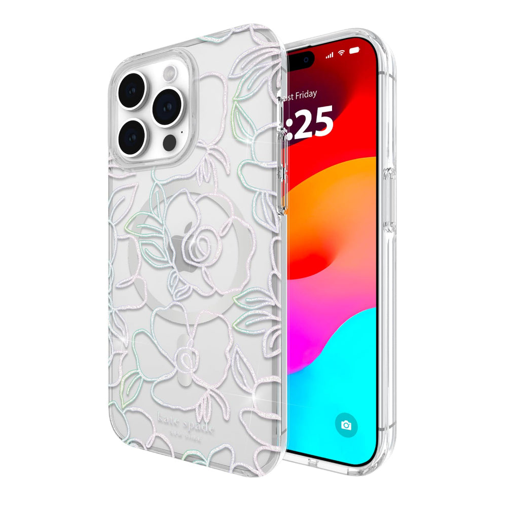 Kate Spade Clear Floral Case Compatible with iPhone 15 Pro Max 2023 6.7" - 10Ft Drop Protection Cover, Made from Recycled Materials, Magsafe Wireless Charging Compatible - Modern Floral Silver