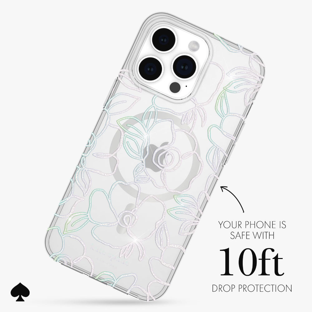 Kate Spade Clear Floral Case Compatible with iPhone 15 Pro Max 2023 6.7" - 10Ft Drop Protection Cover, Made from Recycled Materials, Magsafe Wireless Charging Compatible - Modern Floral Silver