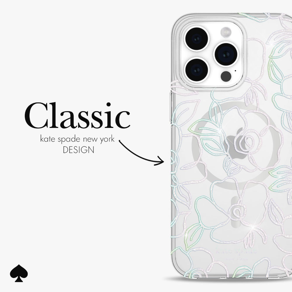 Kate Spade Clear Floral Case Compatible with iPhone 15 Pro Max 2023 6.7" - 10Ft Drop Protection Cover, Made from Recycled Materials, Magsafe Wireless Charging Compatible - Modern Floral Silver