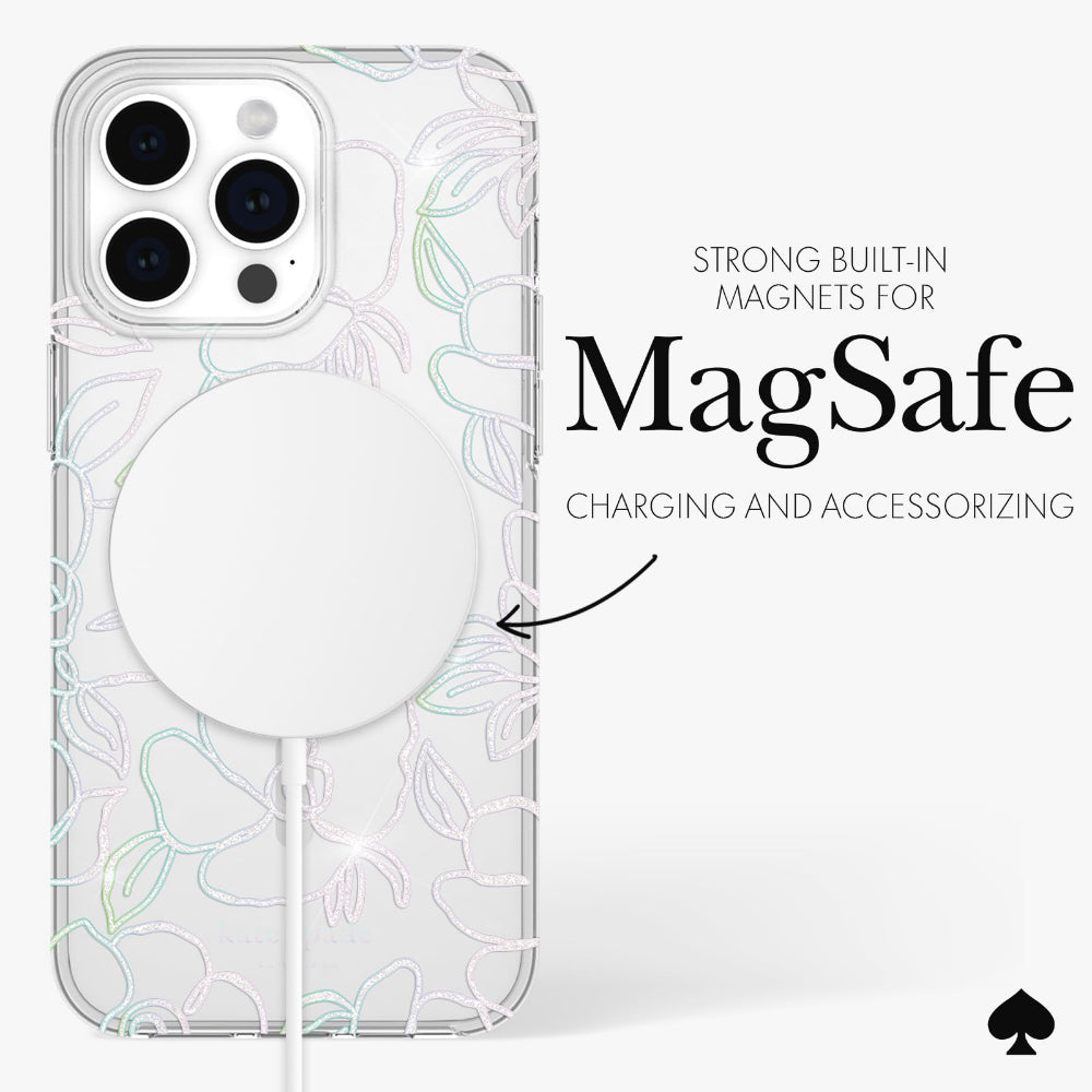 Kate Spade Clear Floral Case Compatible with iPhone 15 Pro Max 2023 6.7" - 10Ft Drop Protection Cover, Made from Recycled Materials, Magsafe Wireless Charging Compatible - Modern Floral Silver