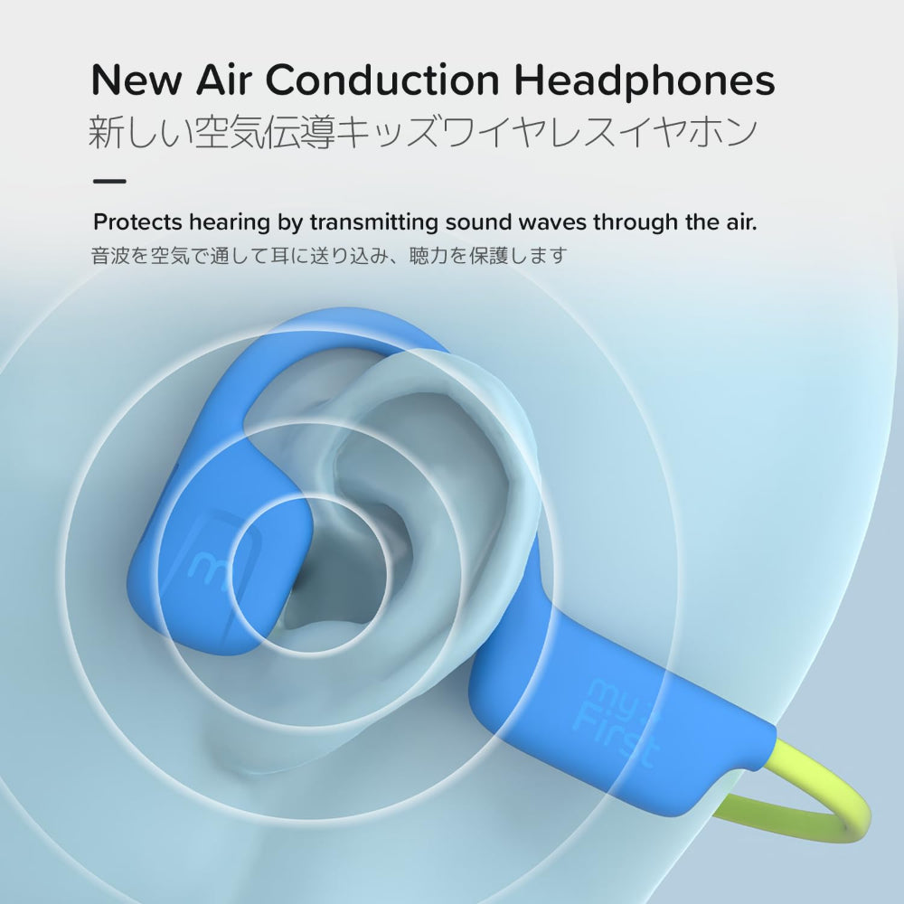 myFirst AirWaves Wireless Headphones| Kids Volume Safe Air Conduction Bluetooth Headphones, Ultra LightWeight, IPX5, 14 Hrs Playtime - Blue