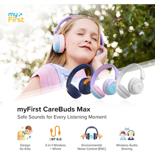 myFirst CareBuds Max - Wireless Headphones for Kids with Microphone Interchangeable EarPads Smart Volume Limit 52 Hours Playtime Fast Charging (Blueberry Pop)
