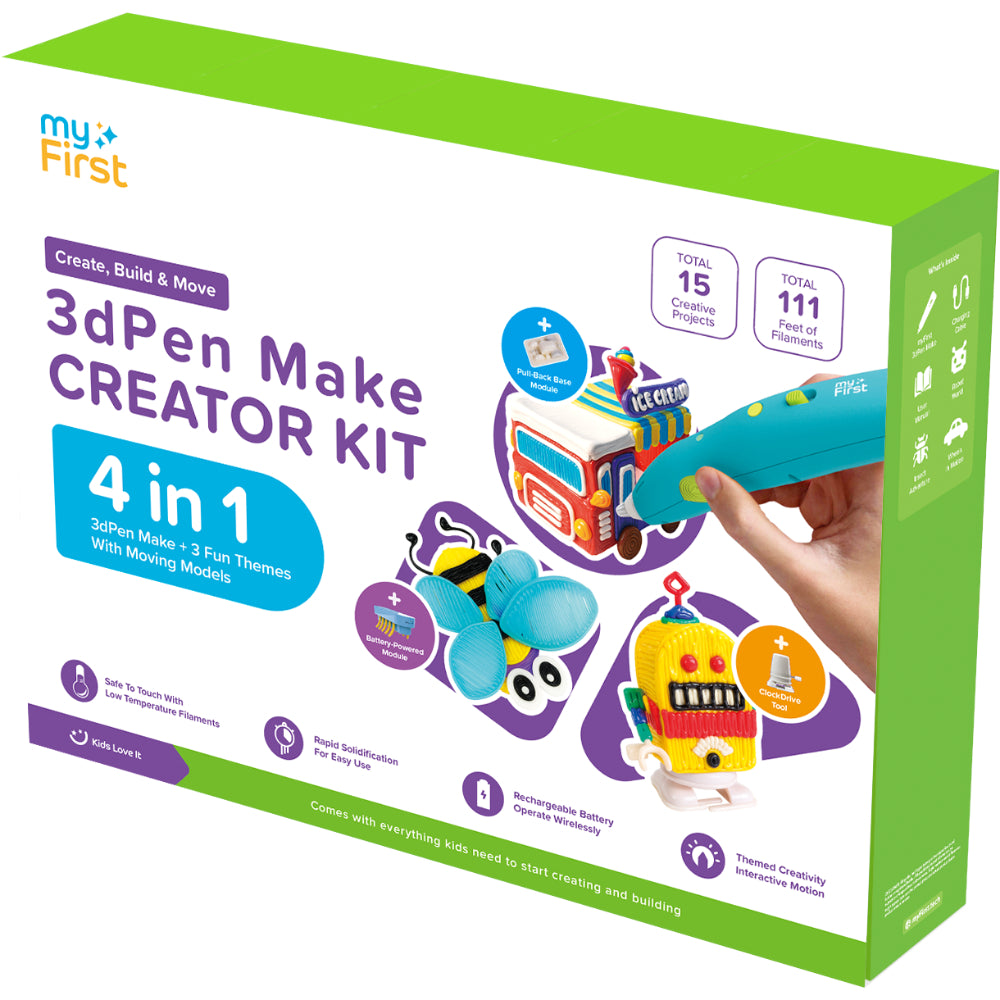 myFirst 3D Pen Make Creator Kit – All-in-One Starter Bundle with 3D Pen, Robot/Automobile/Insect Fun Packs, 3 Moving Models & Filaments – Creative STEM Craft Set for Kids - Blue