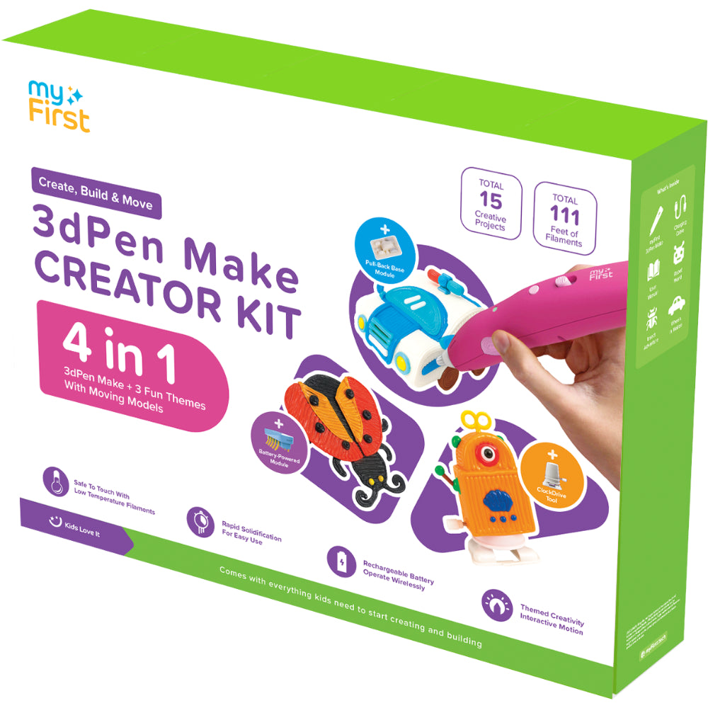 myFirst 3D Pen Make Creator Kit – All-in-One Starter Bundle with 3D Pen, Robot/Automobile/Insect Fun Packs, 3 Moving Models & Filaments – Creative STEM Craft Set for Kids - Red