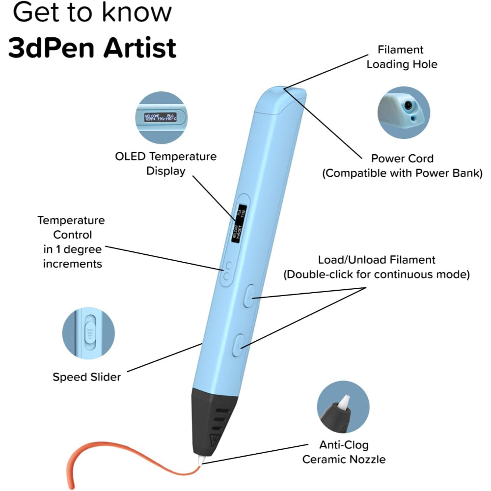 myFirst 3dPen Artist 3D Printing Pen for Kids & Teens – Adjustable Temperature, OLED Display, Biodegradable PLA Filament Included (6 Colors), Safe Creative Tool for Art, STEM & DIY Projects - Purple