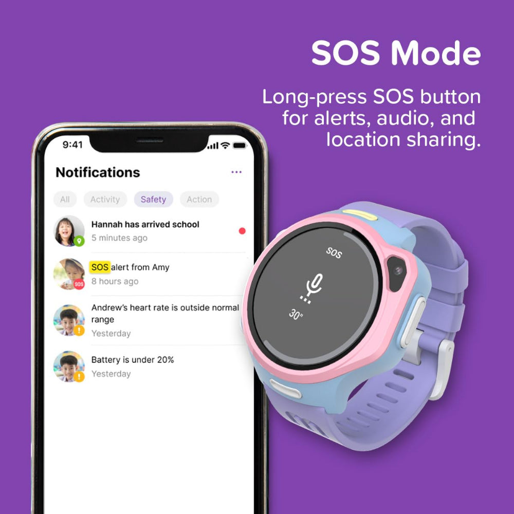 myFirst Fone R2| Kids Smartwatch, 1.3" AMOLED Screen, Video Calls Messaging Real-Time GPS Tracking SOS Button Safety Alerts School Mode Works, in 85 Countries, for Ages 5-12 - Cotton Candy Mix