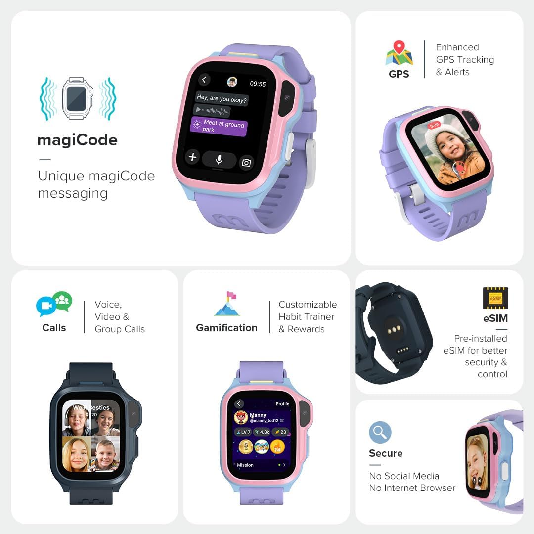 myFirst Fone S4 Kids Smartwatch Phone with eSIM – 4G LTE Voice & Video Calls, Advanced GPS Tracking, magiCode Messaging, 5MP Camera, SOS & Parental Controls, Fun Habit Tracker – Ages 5-12 - Space Blue