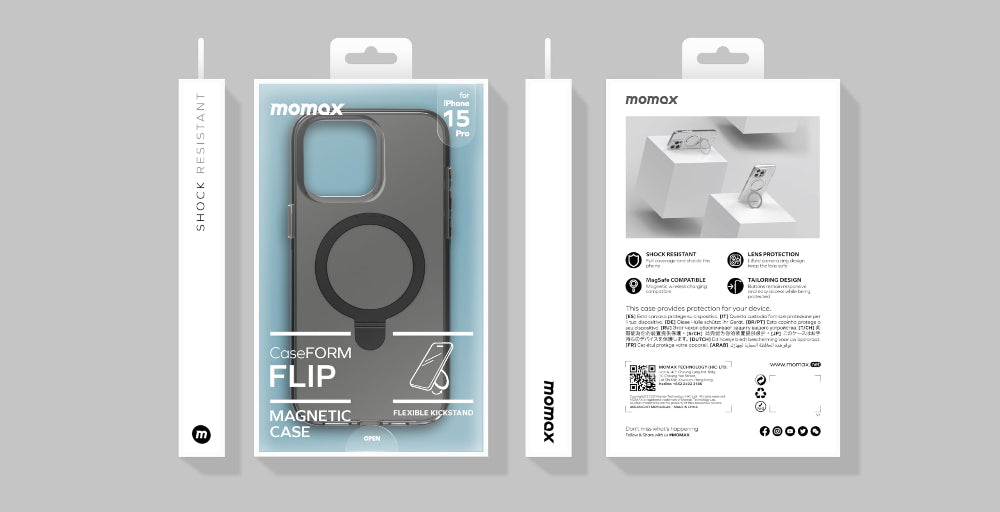 Momax Flip Magnetic Case for iPhone 15 Pro| MagSafe Compatible w/ Ring Grip and Stand, Drop & Scratch Protection w/ Raised Edges, Shock Resistant, Anti-Slip - Transparent Black