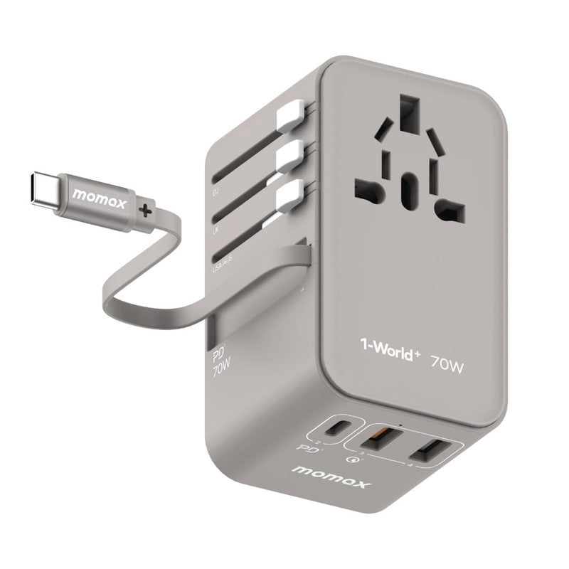 MOMAX 1 World Universal 3-Port Travel Charger + Built-in USB-C Cable GaN 70W - Grey