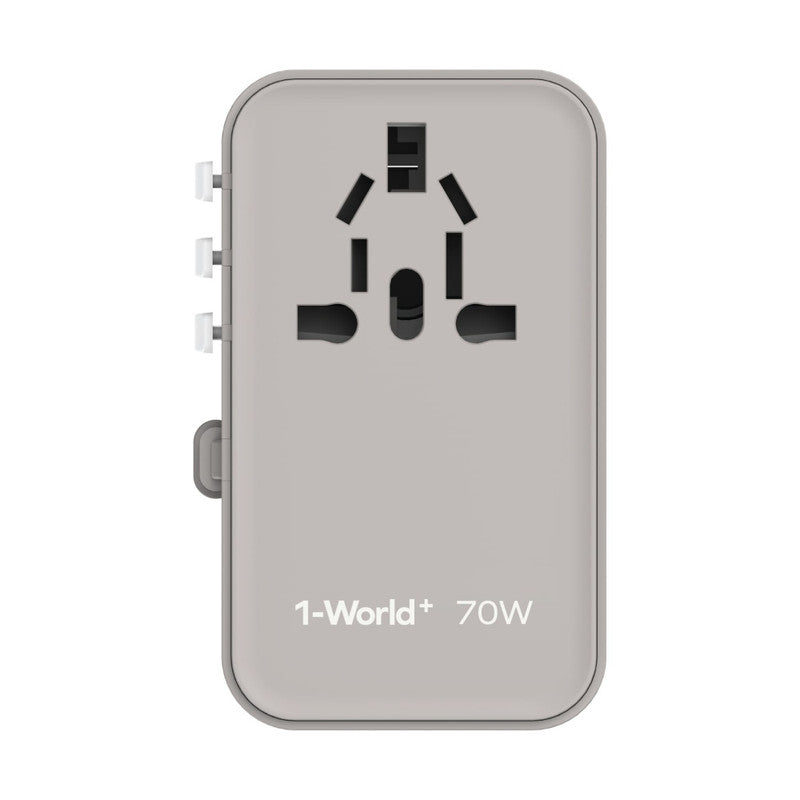 MOMAX 1 World Universal 3-Port Travel Charger + Built-in USB-C Cable GaN 70W - Grey
