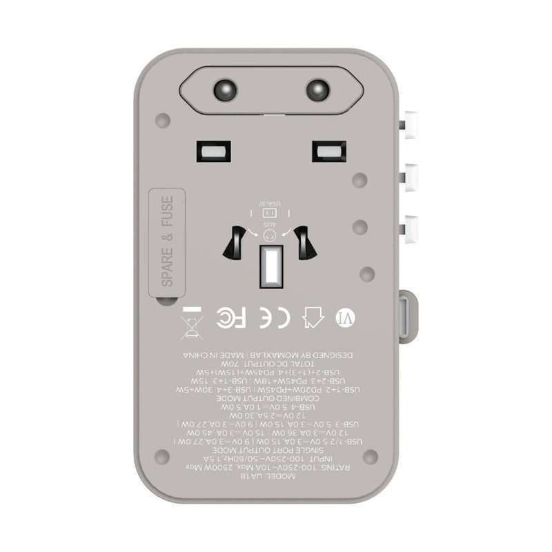 MOMAX 1 World Universal 3-Port Travel Charger + Built-in USB-C Cable GaN 70W - Grey