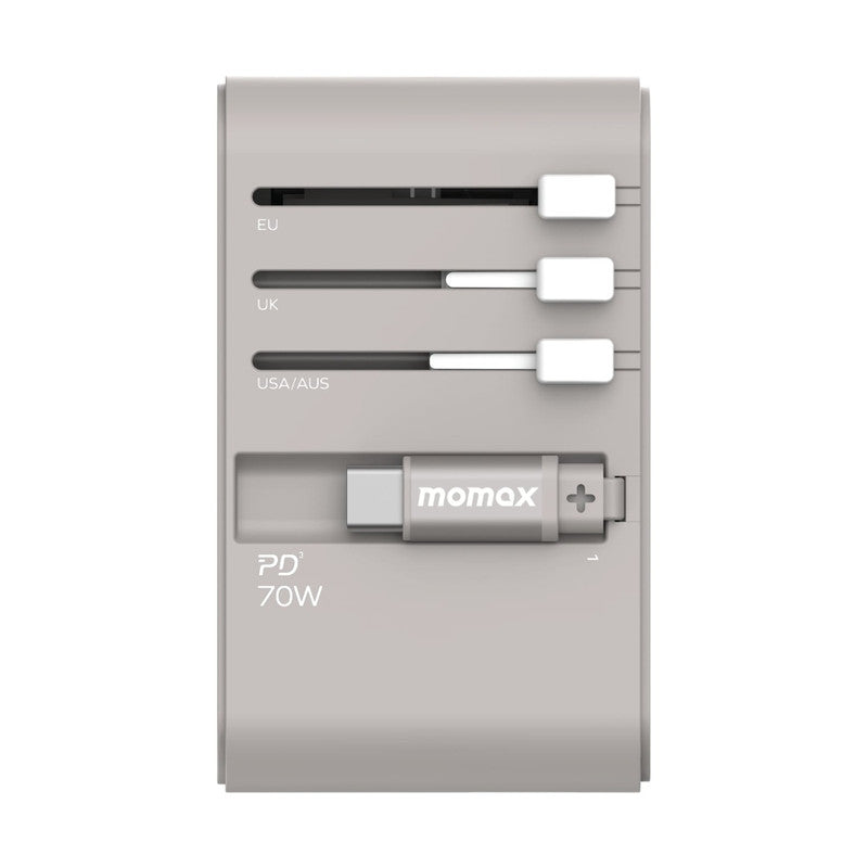 MOMAX 1 World Universal 3-Port Travel Charger + Built-in USB-C Cable GaN 70W - Grey