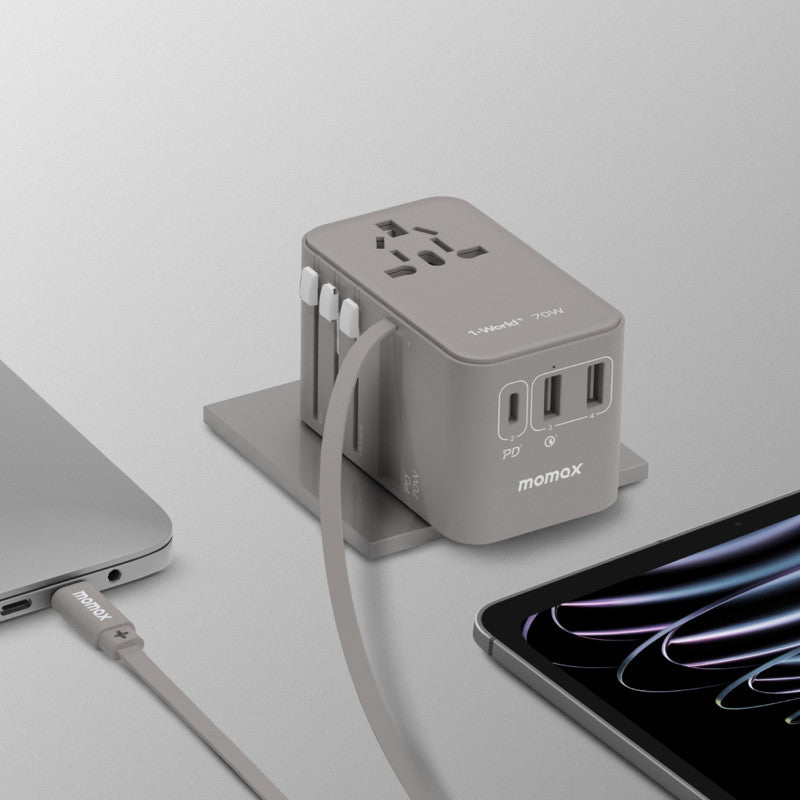 MOMAX 1 World Universal 3-Port Travel Charger + Built-in USB-C Cable GaN 70W - Grey