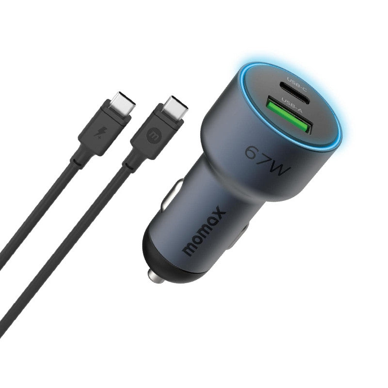 MOMAX  MoVe Double-port Car Charger 67W + USB-C Cable 1M| Fast Charging w/ PD &amp; QC3.0 1x USB-C 1xUSB-A - Space Grey