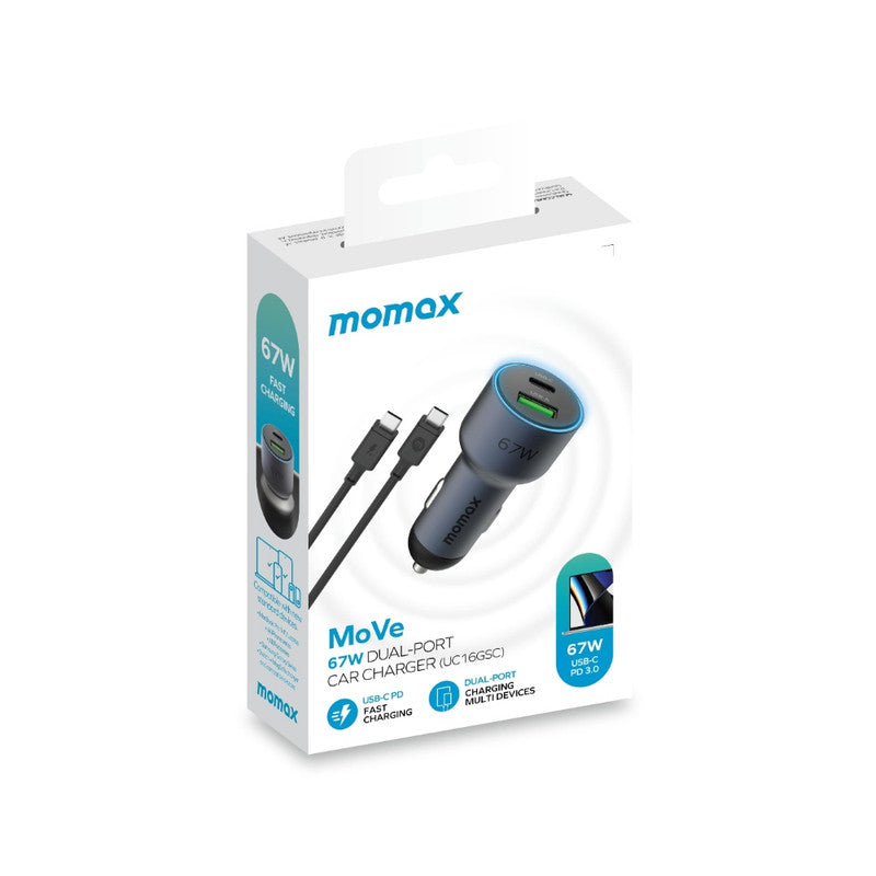 MOMAX  MoVe Double-port Car Charger 67W + USB-C Cable 1M| Fast Charging w/ PD &amp; QC3.0 1x USB-C 1xUSB-A - Space Grey