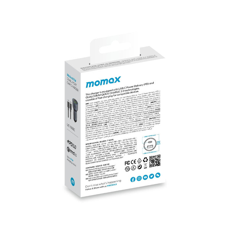 MOMAX  MoVe Double-port Car Charger 67W + USB-C Cable 1M| Fast Charging w/ PD &amp; QC3.0 1x USB-C 1xUSB-A - Space Grey
