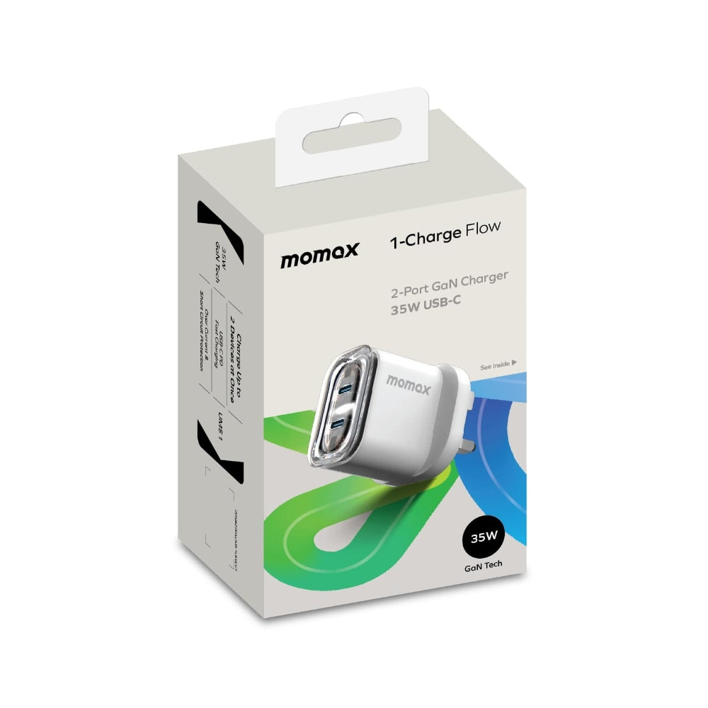 MOMAX 1 CHARGE FLOW PD 35W GAN Wall Charger 2 Ports - UK - Transparent White