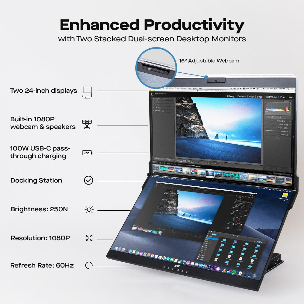 MOBILE PIXEL Geminos T - 24-inch stacked monitors - 10-in-1 multiple docks - Adjustable height and viewing angle - Black