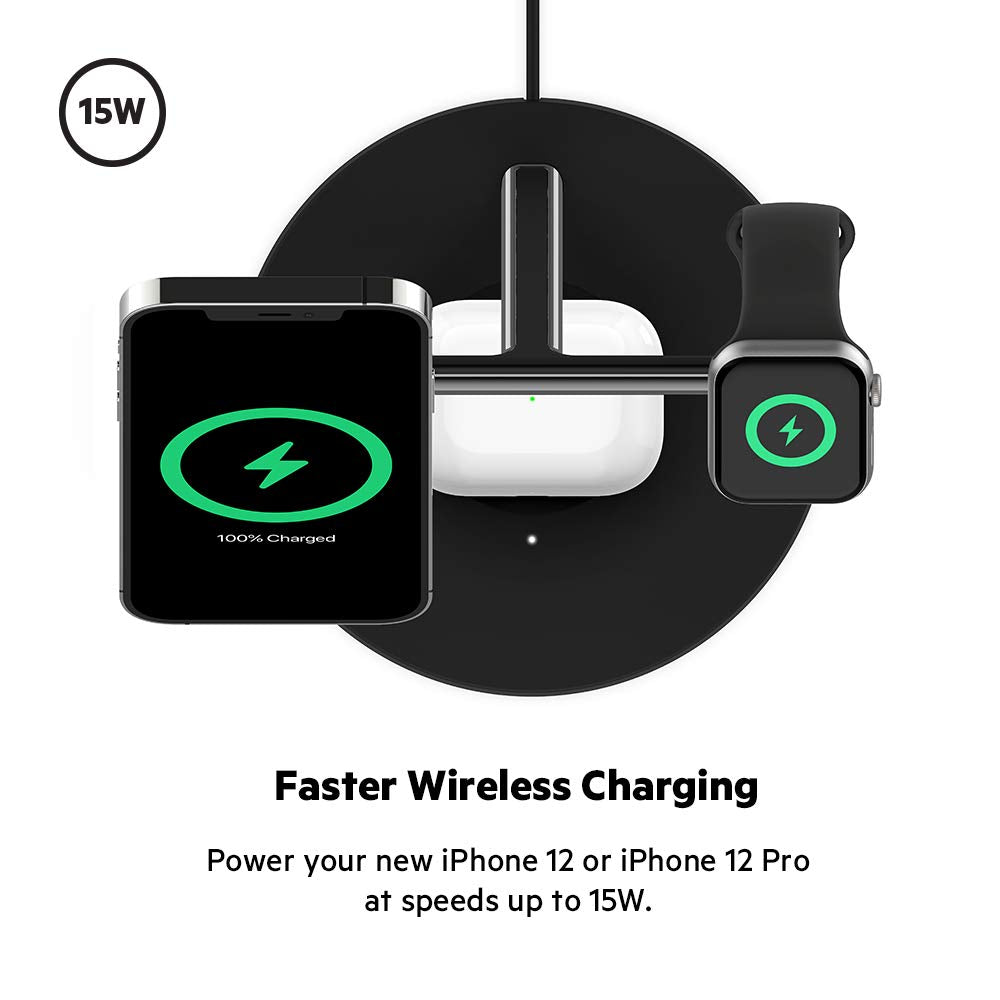 Belkin Boost Charge Pro 3-In-1 Wireless Charger Stand With Magsafe - For Apple Iphone 12 Pro Max/12 Pro/12/12 Mini, Apple Watch Series Se/6/5/4/3/2/1 & Airpods/Airpods Pro - Black