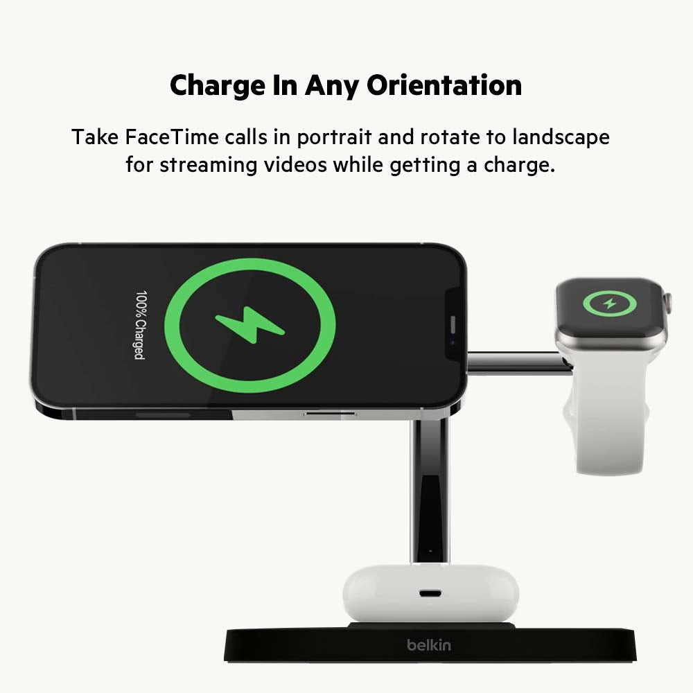 Belkin Boost Charge Pro 3-In-1 Wireless Charger Stand With Magsafe - For Apple Iphone 12 Pro Max/12 Pro/12/12 Mini, Apple Watch Series Se/6/5/4/3/2/1 & Airpods/Airpods Pro - Black