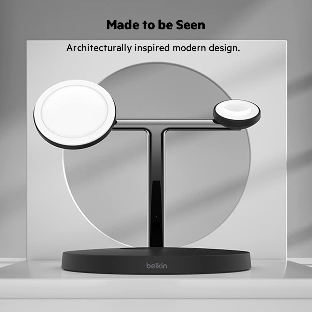 Belkin Boost Charge Pro 3-In-1 Wireless Charger Stand With Magsafe - For Apple Iphone 12 Pro Max/12 Pro/12/12 Mini, Apple Watch Series Se/6/5/4/3/2/1 & Airpods/Airpods Pro - Black