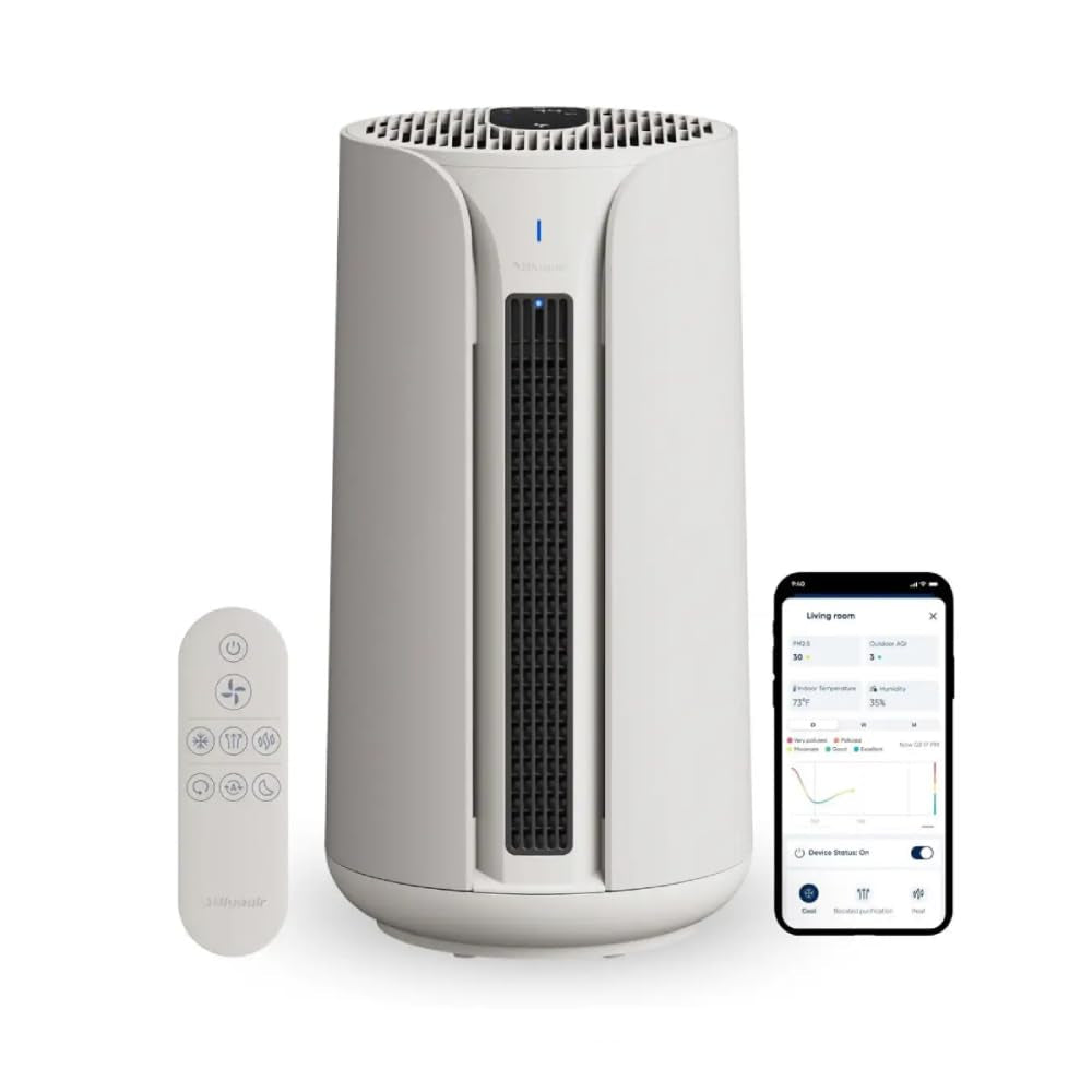BLUEAIR ComfortPure T10i | Most Powerful 3-in-1 Air Purifier- Purify, Heat, Cool- HEPASilent Cleaner for Home/Office, Pets, Allergies, Dust, Smoke, Odor – Covers 840 sqft in 60 Minutes - White Grey