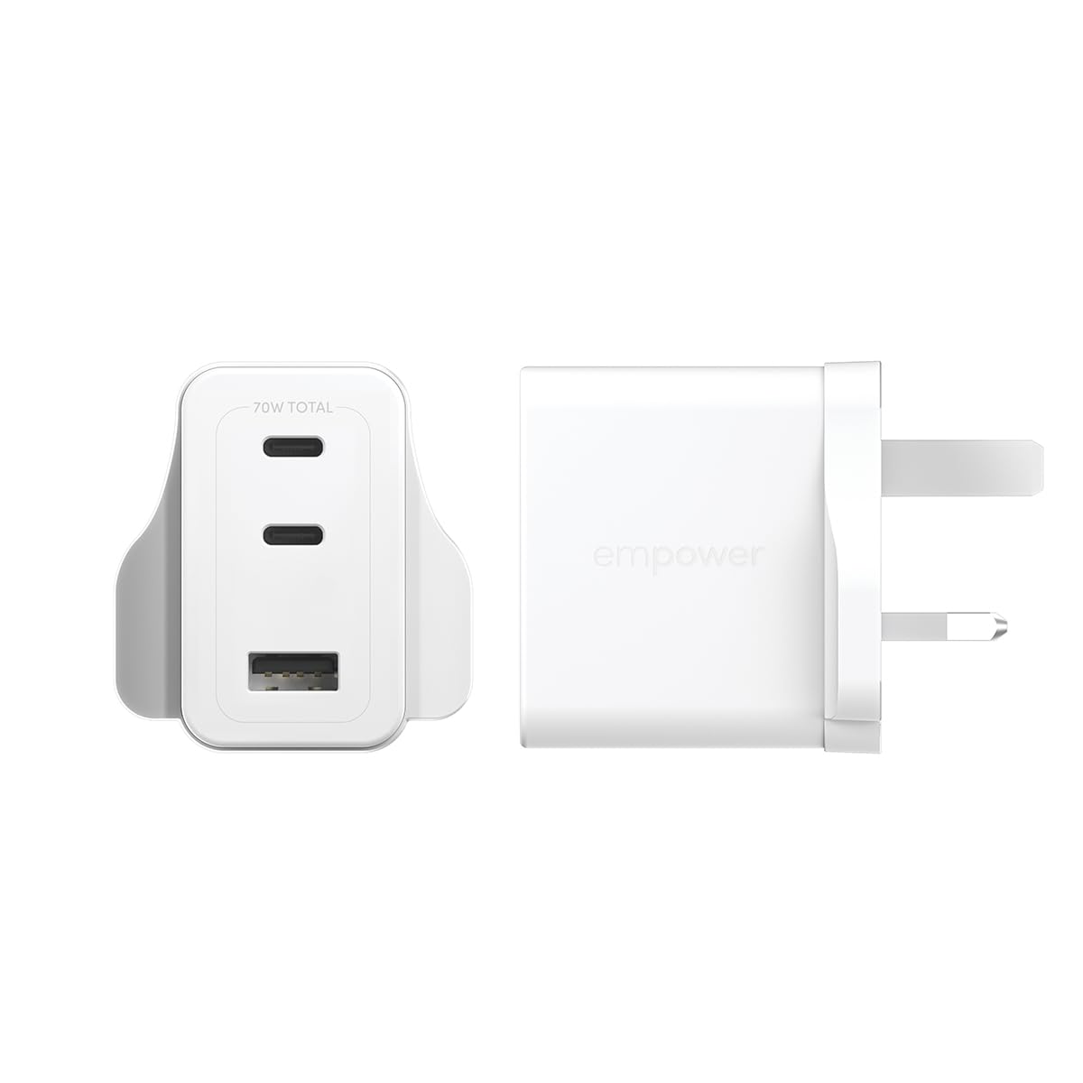 PanzerGlass Wall Charger Type C 70W EMPOWER, Multiple Ports 2x USB-C, 1x USB-A Fast Hi-Speed GAN Charging, MacBook Pro/Air, Laptop, Tablet, iPhone, Samsung, UK Plug, Silver White