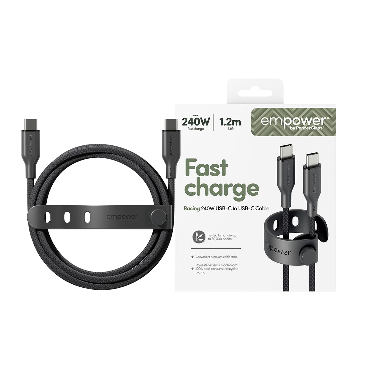 PanzerGlass USB C to USB C Cable 1.2m EMPOWER, 240W Ultra Fast Type-C Sync & Charge Heavy-Duty Braided Cable, for Macbooks, Laptops, Tablets, iPhone 17/16/15, iPads, Airpods, Space Black