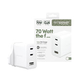 PanzerGlass Wall Charger Type C 70W EMPOWER, Multiple Ports 2x USB-C, 1x USB-A Fast Hi-Speed GAN Charging, MacBook Pro/Air, Laptop, Tablet, iPhone, Samsung, UK Plug, Silver White
