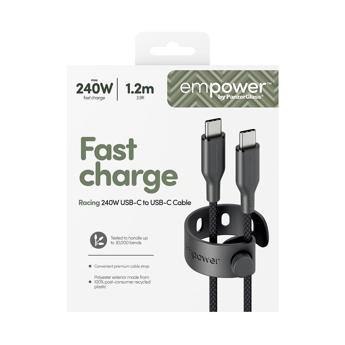 PanzerGlass USB C to USB C Cable 1.2m EMPOWER, 240W Ultra Fast Type-C Sync & Charge Heavy-Duty Braided Cable, for Macbooks, Laptops, Tablets, iPhone 17/16/15, iPads, Airpods, Space Black