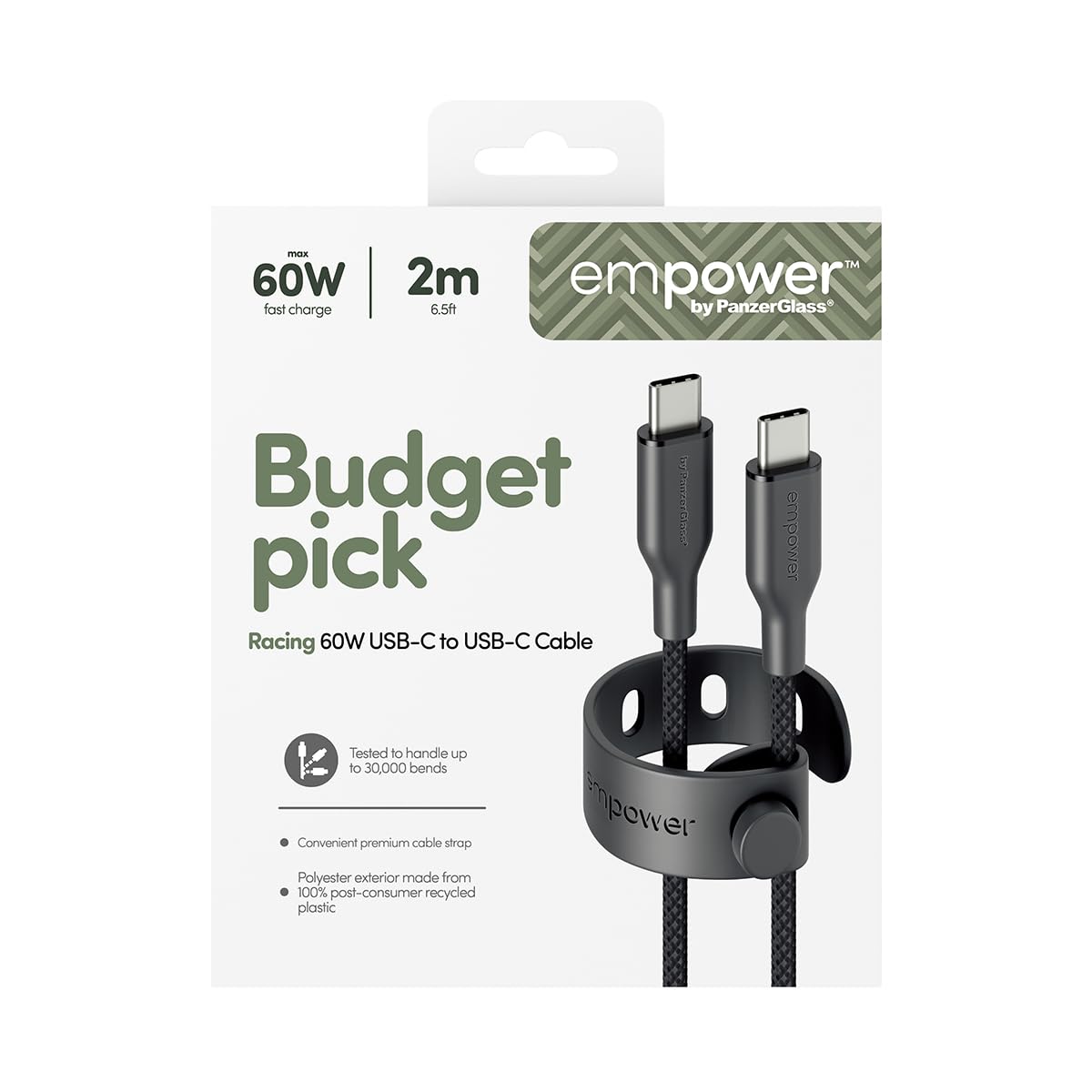 PanzerGlass USB C to USB C Cable 2m EMPOWER, 60W Fast Type-C Sync & Charge Heavy-Duty Braided Cable, for Macbooks, Laptops, Tablets, iPhone 17/16/15, iPads, Airpods, Space Black